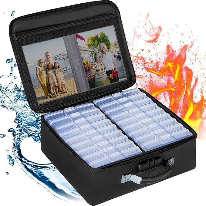 IBVIVIC Fire-resistant Photo Storage Box, Photo Organizer with 18 Inner 4" x 6" Photo Case (Clear), Photo Organizer and Storage with Lock