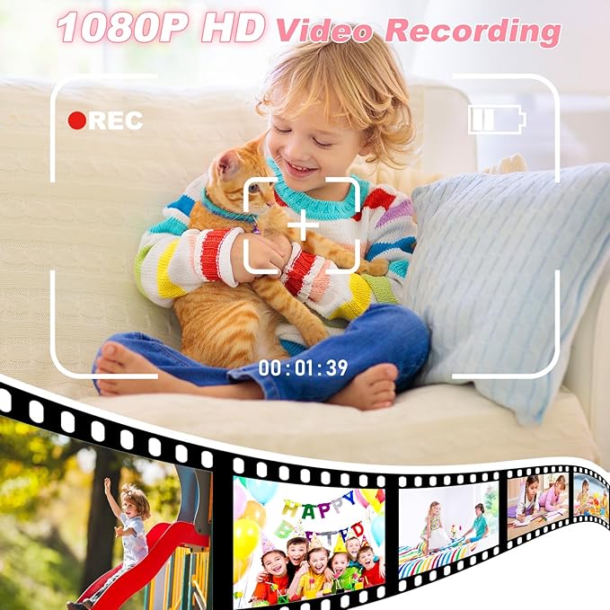 Kids Camera Instant Print, Dinosaur Kids Digital Toddler Camera,1080P with 32G SD Card, Kids Toy Birthday Gifts Portable Toy for 3-12 Year Old Girls Boys (Pink)