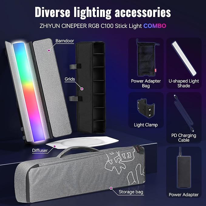ZHIYUN CINEPEER C100 100W RGB Stick Light LED APP Control Video Light Wand Handheld 2700K-6500K CRI 95+ TLCI 98+ Continuous Output Lighting for 6 * 4500 mAh Photography 14.3" Tube Light Combo