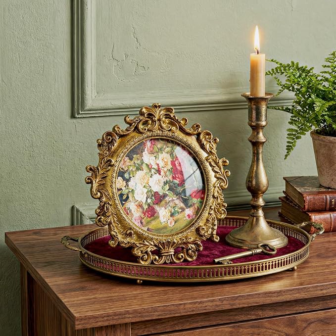 Cuspin Vintage Round Gold Picture Frame 4x4 Inch, Ornate Floral Resin Photo Frame with HD Glass, Antique Style Small Picture Frame for Tabletop or Wall Display, Retro Decorative Frame for Home Decor