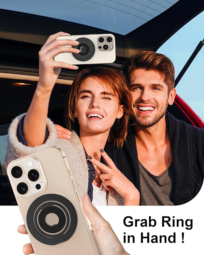 Phone Ring Holder Grip with Dual-Side Magnets, Universal Magnetic Kickstand Stand, Wireless Charging Friendly, Foldable for iPhone 17 Pro Max, Samsung, Case, Desk, Car Mount, MagSafe Compatible-Black