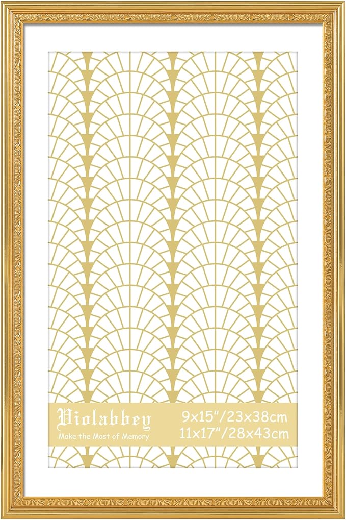 VIOLABBEY 11x17 Gold Picture Frame, Display 9x15 Photo with Mat or 11x17 without Mat, Ornate Vintage 11 x 17 Gold Frame for Wall Decor or Tabletop Display