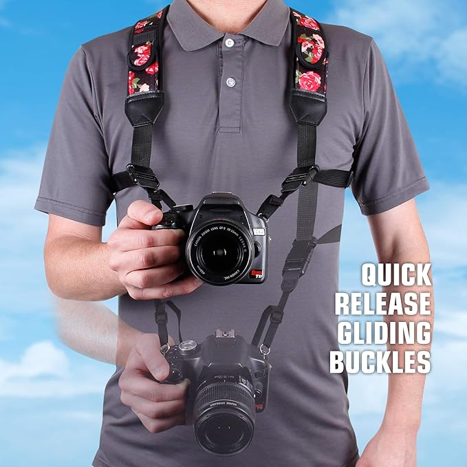 USA Gear DSLR Camera Strap Chest Harness with Quick Release Buckles, Floral Neoprene Pattern and Accessory Pockets - Compatible with Canon, Nikon, Sony and More Point and Shoot and Mirrorless Cameras