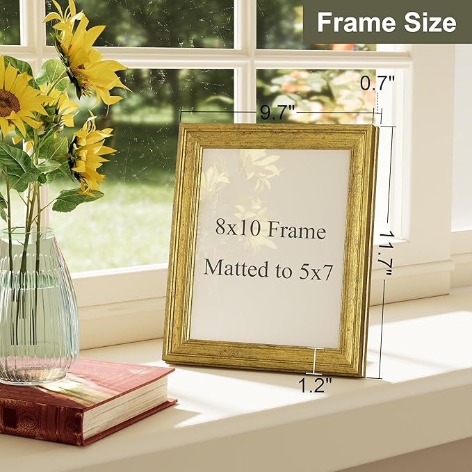 Vittanly 8x10 Picture Frame Set of 4, Vintage Photo Frame for Wall or Tabletop, Display 5x7 Pictures with Mat or 8x10 without Mat, Rustic Farmhouse Home Decor, Gold