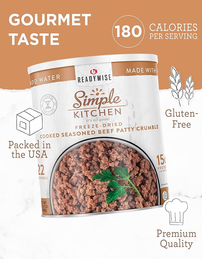 ReadyWise Simple Kitchen Seasoned Ground Beef Crumbles, 22 Servings – Freeze-Dried Meat for Emergency Food Supply, Long-Term Storage, Camping, Survival, MRE, and Disaster Preparedness, #10 Can