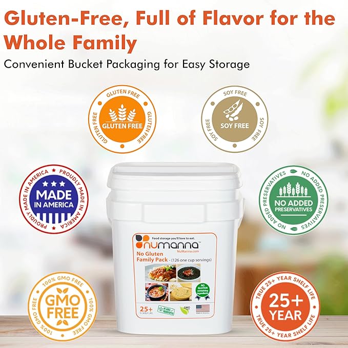 Numanna No-Gluten Family Pack Bucket – 756 Servings | 25-Year Shelf Life | 6-Months Non-Perishable Meal Kit | Emergency Food Supply, Everyday Use, Quick-Prep Survival Meals | Made in USA | Pack of 6