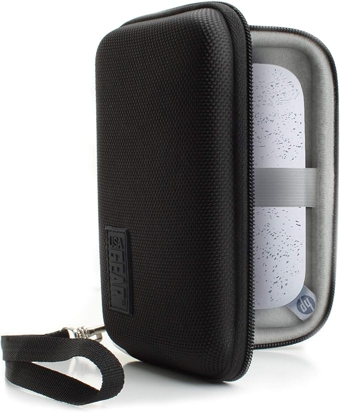 USA Gear Instant Printer Case Compatible with HP Sprocket 2x3, Instax Mini Link 2, Kodak Printomatic, Photo Paper, Cable & more - Hard Shell Portable Printer Carrying Case with Wrist Strap (Black)