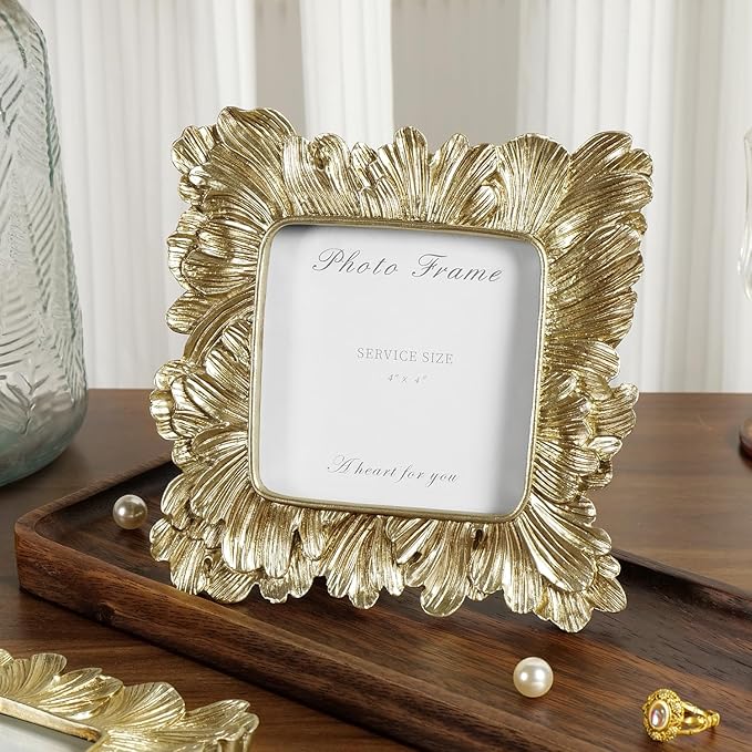 Cuspin 4x4 Picture Frame Gold Square Frames, Vintage Gold Resin Photo Frame Palm Leaves Textured with Glass Front for Wall Hanging and Tabletop Display Home Decor