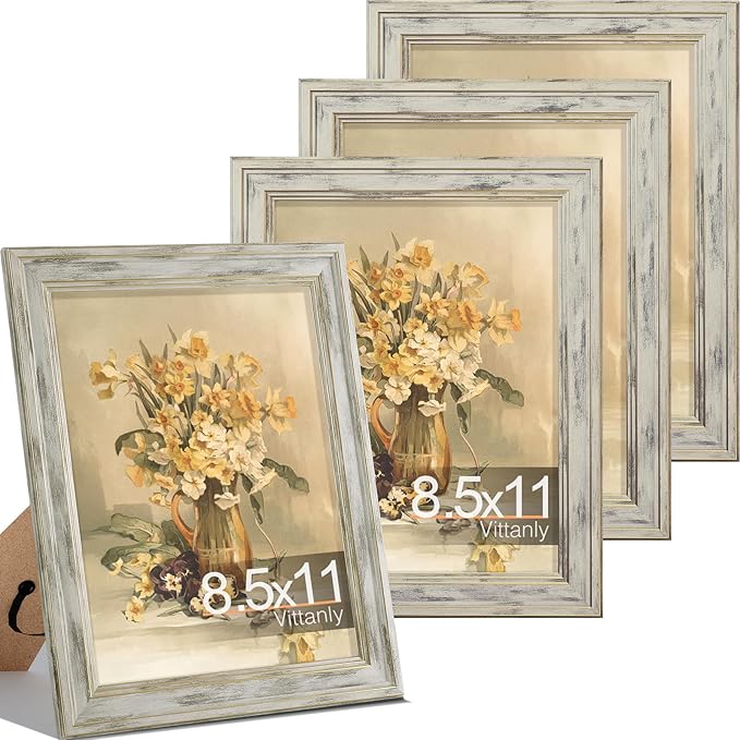Vittanly 8.5x11 Picture Frame Set of 4, Vintage Photo Frame for Wall Mount, Display 6x8 Pictures with Mat or 8.5x11 without Mat, Rustic Farmhouse Home Decor, Distressed White