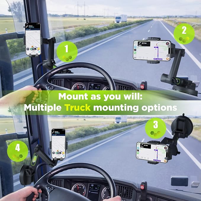 Cell Phone Mount for Truck Phone Holder for Truck Drivers - Heavy Duty Suction Cup + Dashboard Pad, iPhone Holder for Dashboard Window 16.9 inch Long, for iPhone & Samsung, Big Rig Trucker, Gray