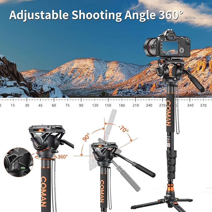 Monopod for Camera, COMAN Camera Monopod with Feet Q6 Fluid Head with Tripod Stand 71.25 inch Max Load 22 Lbs for Photography, Cameras, Canon, Nikon, Sony, DSLR, Video Camcorder