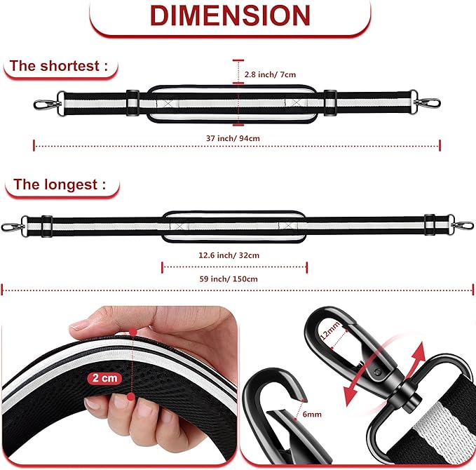 ZINMARK Shoulder Strap 59 inch, Extra-Thick Fixed Cushion Pad and Dual Clasps Universal Replacement Strap for Bags, Camera, Crossbody，Lawn mower -Black White Black Stripe