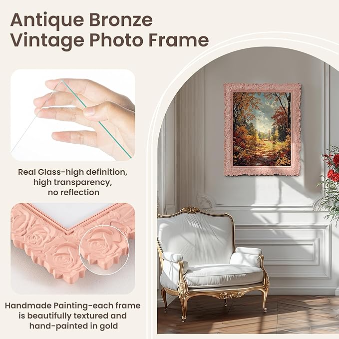 Axeman 11x14 Antique Picture Frame | Vintage 11 x 14 Photo Frame with Real Glass | Ornate Rose Frame 11x14 for Wall Mount | Pink 11 x 14 Picture Frame - Pink
