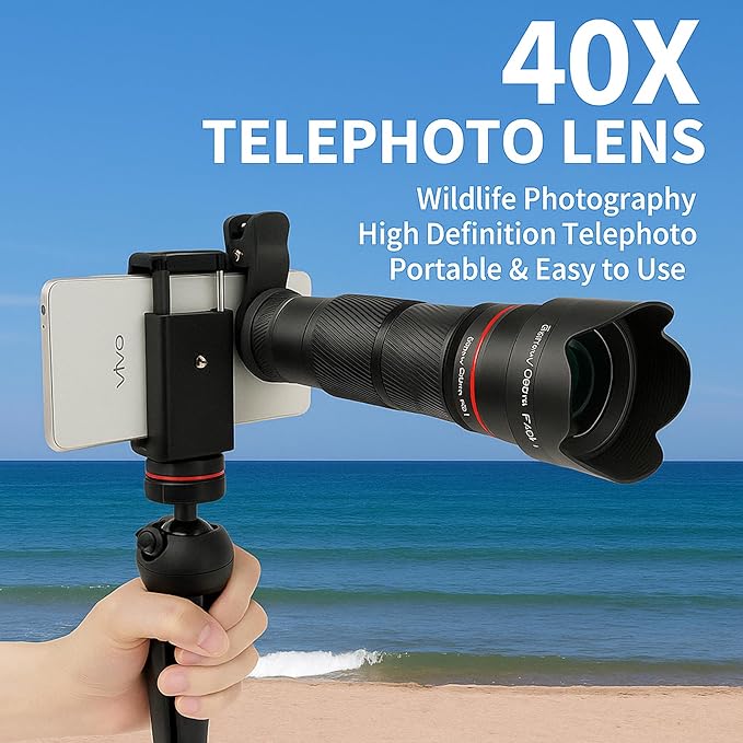 40X Telephoto Lens with Tripod for iPhone Android Phones, 2-in-1 Mobile Phone Camera Lens Kit with Universal Clip, HD Magnifier for Smartphone Photography - Compatible with All Smartphones