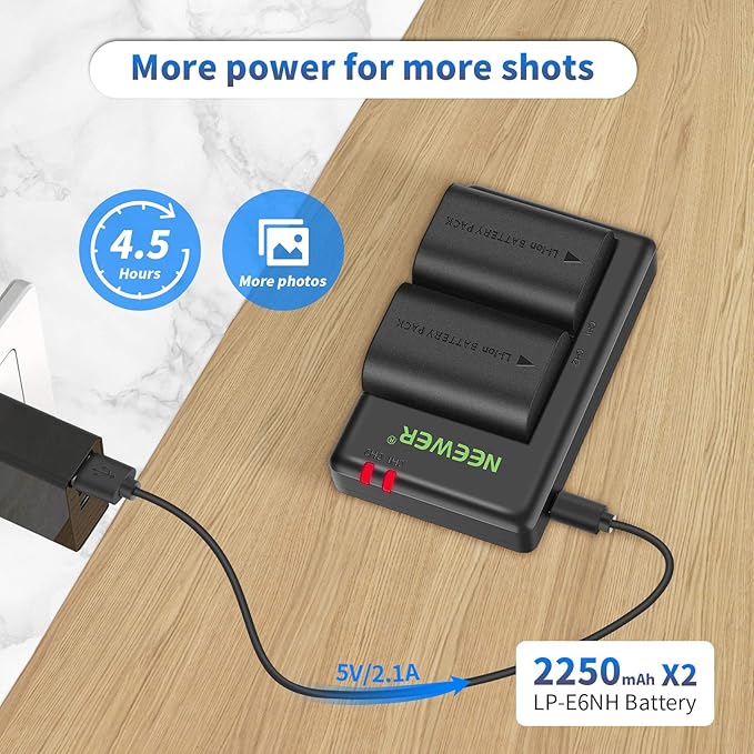 NEEWER Replacement Battery and Charger Set for LP-E6NH, Compatible with Canon EOS R7, R5, R6, 5D II, 6D, 7D, 70D, 80D, 90D, 2-Pack 2250mAh Batteries and Dual Channel USB Charger