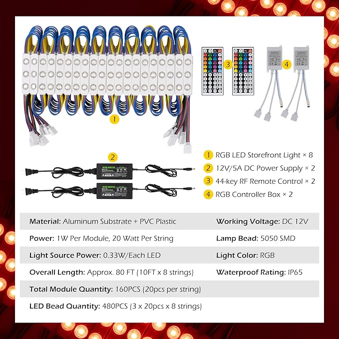 Dyna-Living LED Storefront Lights 80FT Commercial RGB Window Lights for Store Front Decorative 160PCS 3-LED 5050 SMD RGB Module for Signs IP65 Waterproof Strip Light for Business (8 Packs-White)