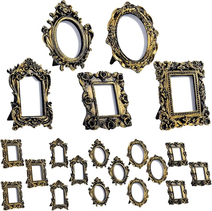 Maitys 20 Pcs Mini Picture Vintage Frames with Stands Tiny Antique Photo Baroque Ornate Resin Oval Frame Table Top Display Home Wedding Decor (Black Gold)