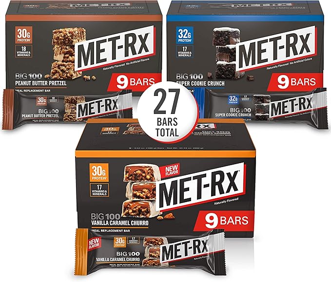 MET-Rx Big 100 Colossal Protein Bars, Healthy Meal Replacement Snack, Variety Pack, 3.52 oz bars, 9 Count (Pack of 3)