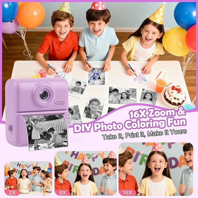 Kids Instant Print Camera,1080P Digital Camera for Kids with 32GB Card & 3 Rolls Printing Paper,4 6 7 8 9 10 Year Old Girls Boys Christmas Birthday Gifts, Instant Print Toys for Girls 6-8 8-10(Purple)