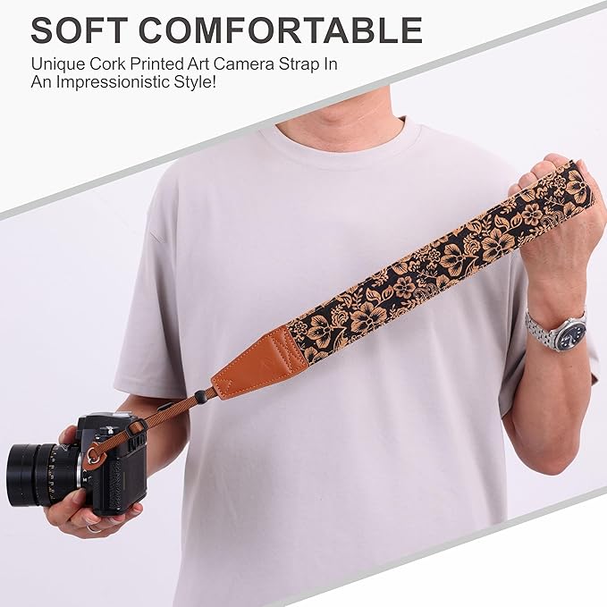 Padwa Lifestyle Cork Camera Strap - 2" Top Layer Cowhide Head Camera Straps for Photographers,Natural Log Crackle Art Print Style,Soft Chamois Velvet Padded Strap Quick Release fits All Cameras