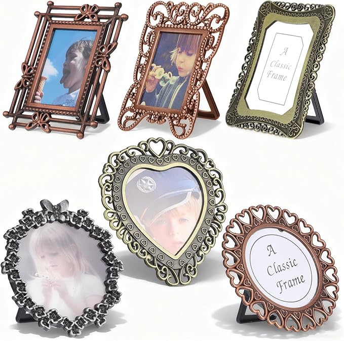 6 Pack Mini Vintage Picture Frame Tiny Metal DIY Photo Frames Wallet Size Picture Frames Tiny Metal Pictures Frame Irregular Size for Tabletop and Wall Display