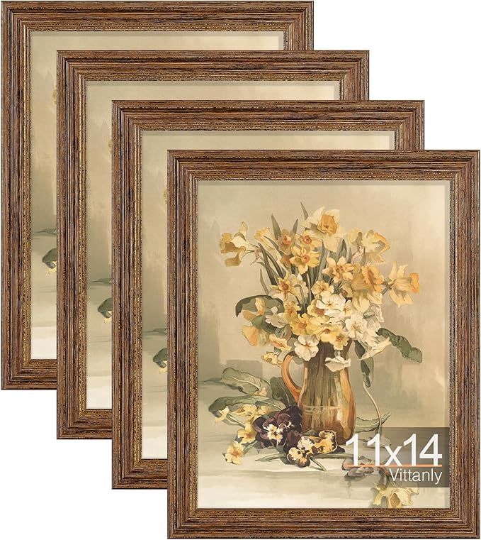 Vittanly 11x14 Picture Frame Set of 4, Vintage Photo Frame for Wall Mount, Display 8x10 Pictures with Mat or 11x14 without Mat, Rustic Farmhouse Home Decor, Walnut