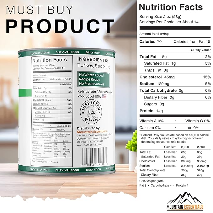 MOUNTAIN ESSENTIALS All Natural Canned Turkey 28 Oz – Fully Cooked, Ready to Eat White Meat – Pantry Staple for Daily Meals, Emergency, Survival & Camping – 5-Year Shelf Life – Made in USA – 1 Pack