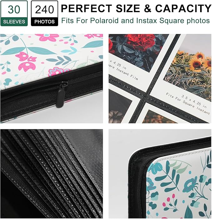 240 Pockets Portable Binder Photo Album Book For i-Type Square Polaroid Photos and Instax Wide Film Pictures (Modern Floral)
