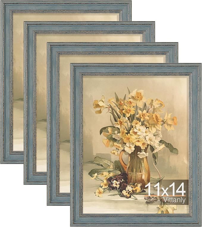 Vittanly 11x14 Picture Frame Set of 4, Vintage Photo Frame for Wall Mount, Display 8x10 Pictures with Mat or 11x14 without Mat, Rustic Farmhouse Home Decor, Vintage Blue