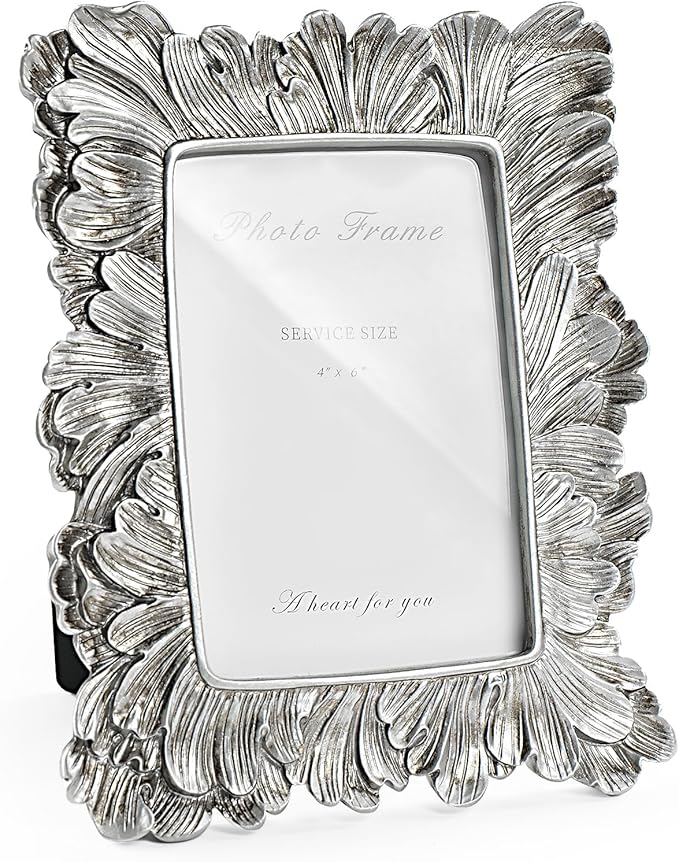 Cuspin 4x6 Picture Frame Silver, Vintage Ornate Palm Leaves Textured Hand-Crafted Resin Frames with Glass Front, Elegant Wedding Frame for Wall Hanging and Tabletop Display Home Decor