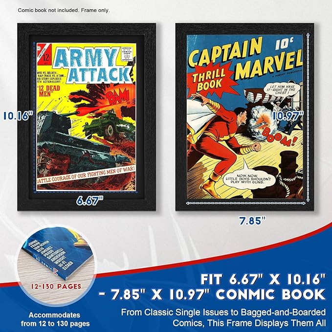 JupDec Comic Book Frame, Premium Wood Display Case for 6 11/16" × 10 3/16" Comic, Wall Mount or Tabletop Stand, Layered Design with Positioning Mat, Perfect for Home Decor, 2 Pack, Black