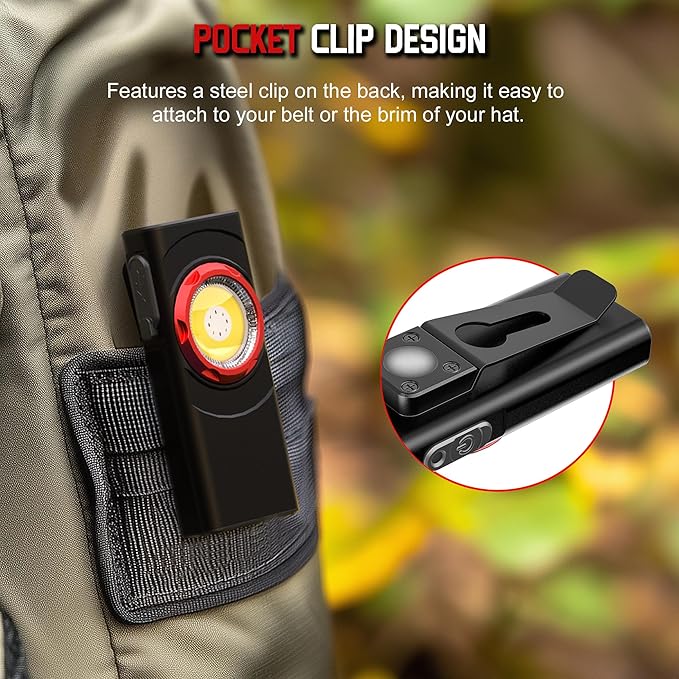 EDC Flashlight Rechargeable, 700 Lumens Mini LED Flashlight with 8 Modes Dual Light Sources Magnetic Flashlights with Clip Waterproof Pocket Flat Flashlights for Night Working (1, Black)