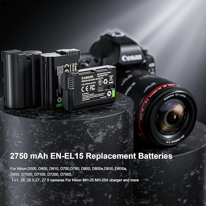 3-Pack EL15 USB Rechargeable Battery 2750mAh for Nikon D500 D850, D750, D500, Z6, Z7, Z5, D7500, D7200, D7100,D7200, D800 Cameras–Li-ion Replacement Battery-Includes USB Port, High Capacity