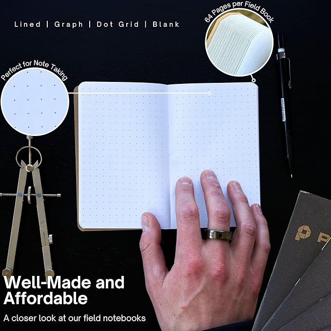 Portage Small Blank Notebook- Notepad for Field Notes, Black Blank Small Sketch Book, Pocket Notebook Journal for Taking Notes in the Field – 3.5 x 5.5 Inches, 64 Pages, (Pack of 6)
