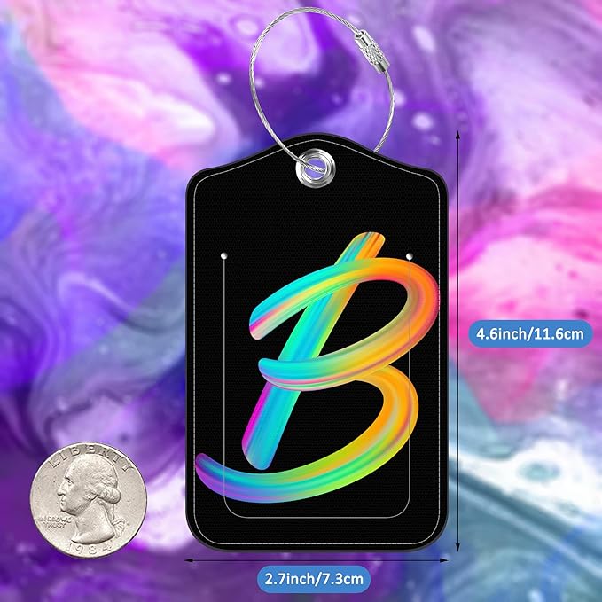 Luggage Tags for Suitcase,2 Pack Neon Colorful Letters Luggage Tags,Leather Baggage Tags Identifiers with Privacy Name Address Labels and Metal Loop for Women Men Girls Travel,Letter B