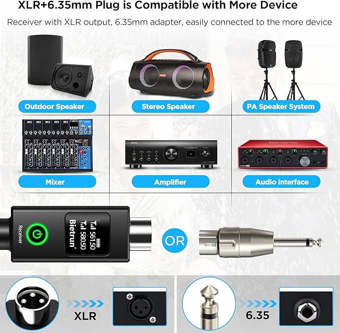 Bietrun XLR Wireless Microphone, Rechargeable Dual Metal Cordless Handheld Dynamic Mics for Mixer, Audio Interface, PA Amplifier System, Church, Singing, Karaoke(UHF 240FT Range)(with 6.35 Adapter)
