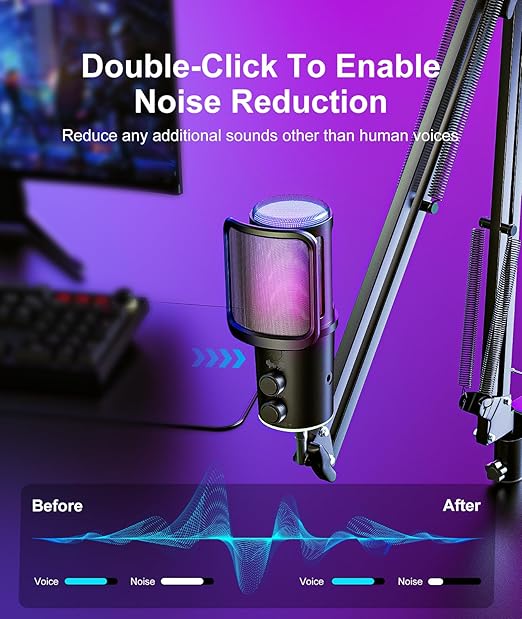 Gaming USB Microphone, Noise Cancellation Condenser Mic with Mute,Boom Arm Mic-Reverb Adjustment, Monitoring for Streaming, Podcasting, Discord, YouTube,PC, Computer, PS4, PS5, Mac