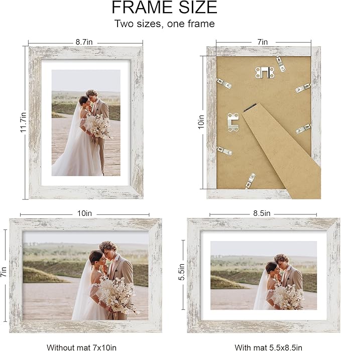 7x10 Picture Frame Set of 4, Made of Real Glass and Distressed White Frame - Display 5.5 x 8.5 Diploma Frame with Mat or 7x10 Without Mat, 7 by 10 Photo for Wall or Tabletop