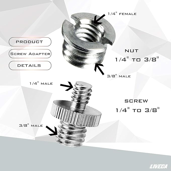 1/4 Inch to 3/8 Inch Tripod Adapter - 3/8 to 1/4 Mount Screws, Camera/Monopod/Light Stand Accessory