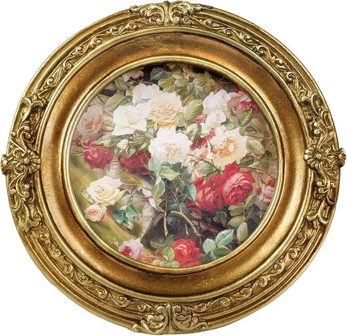 Cuspin Vintage Picture Frame 4x4 Gold Frames, Ornate Round Resin Photo Frame with Glass Front, Small Retro Circle Frame for Wall Hanging or Tabletop Display, Home Decor