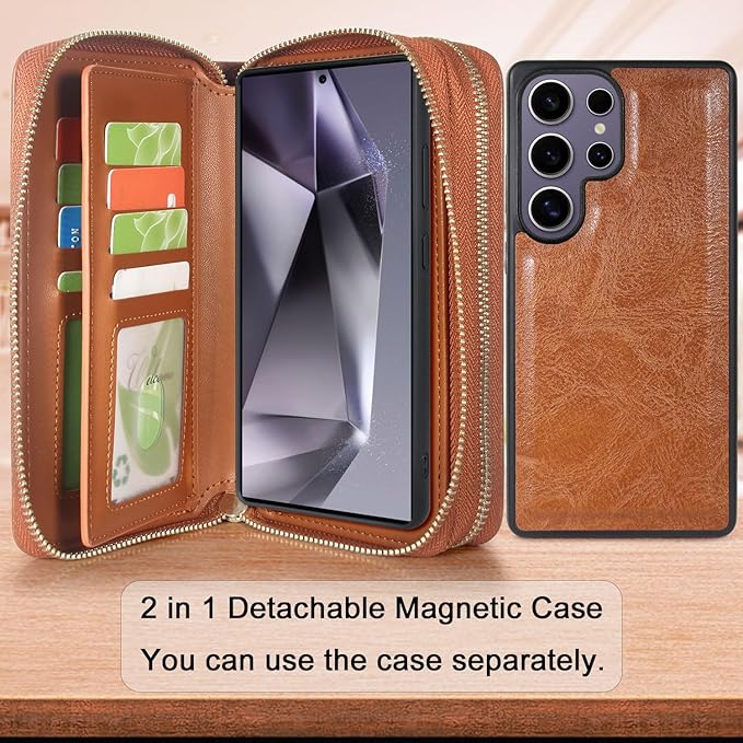 Harryshell Compatible with Samsung Galaxy S25 Ultra Case Wallet Multi Zipper Detachable Removable Cover Purse with Card Slots Holder Mirror Crossbody Wrist Strap for 6.9 inch (Light Brown)