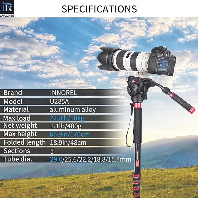 INNOREL U285A Camera Monopod 66.9 in/170 cm Aluminum Alloy 5-Section with Fast Flip Lock Travel Monopod for Canon Nikon Sony DSLR Camera Video Camcorder DV Photography Bracket Load 22 lb/10 kg