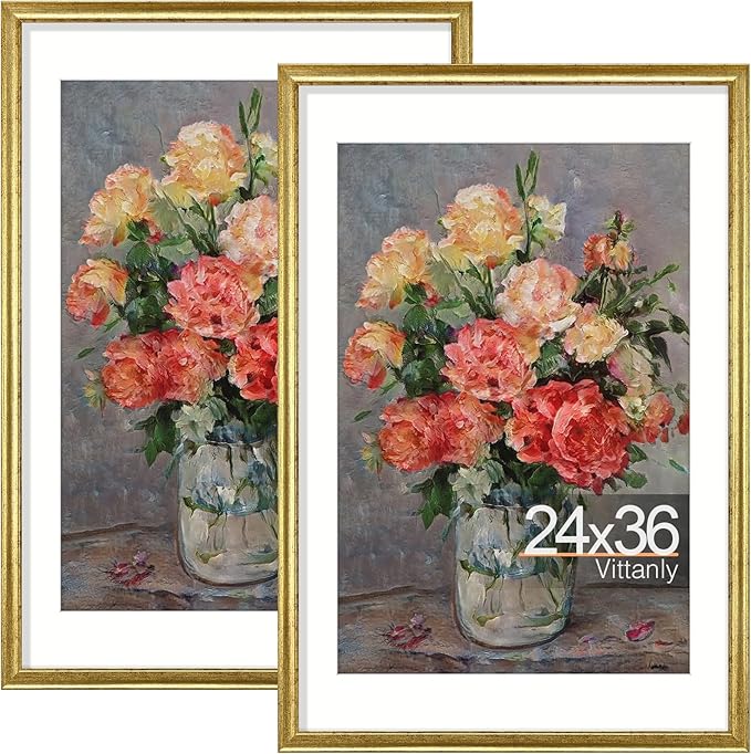Vittanly 24x36 Picture Frames Set of 2, Display 20x30 Pictures with Mat or 24x36 without Mat, Rustic Picture Frames for Wall Mount, Photo Frame Collage for Wall Decor, Gold