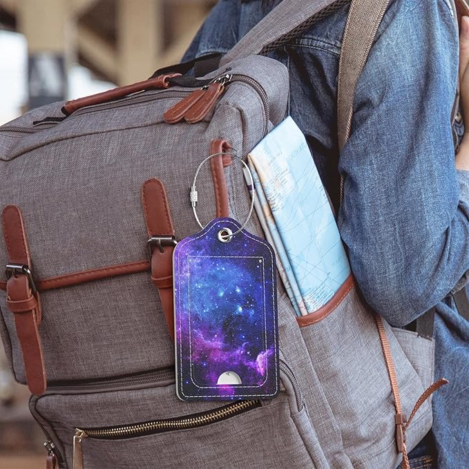 Luggage Tags for Suitcase, 2 Pack PU Leather Travel Cruise Luggage Tag with Privacy Flap, Name ID Label and Metal Loop for Women Men Suitcase Baggage Bag Backpack Instrument, Mysterious Galaxy