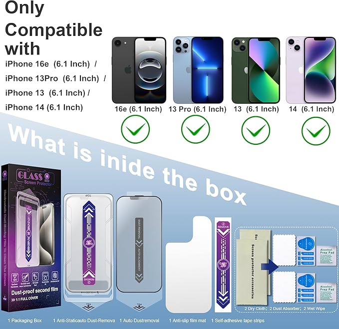 SHANG PIN JIA 2 Pack Matte Screen Protector for iPhone 16e and iPhone 14 and iPhone 13 and iPhone 13 Pro 6.1-Inch Auto Dust Removal, No Bubbles, Tempered Glass Film, Easy Installation