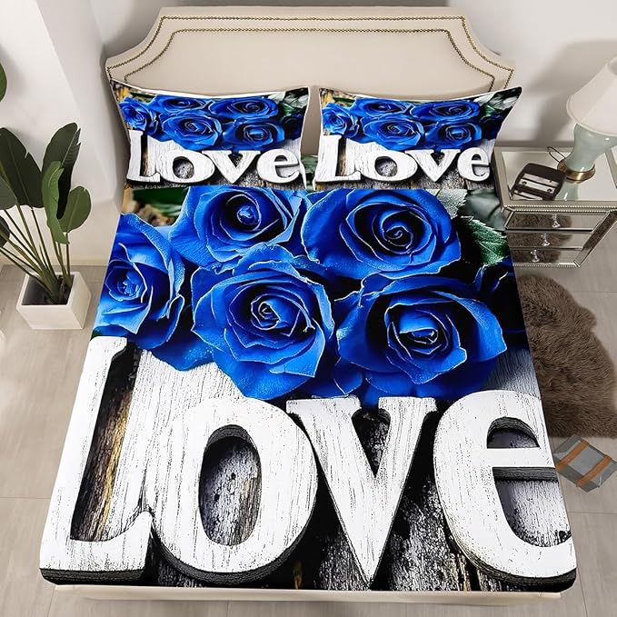 Erosebridal Valentine's Day Bedding Blue Rose Fitted Sheets - Romantic Moment Print Set with 2 Pillowcases - King Size