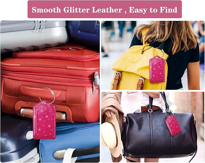 (Set of 2) Luggage Tag Leather Privacy Cover ID Label Address Card with Stainless Steel Loop, Travel Bag Tags Suitcase Labels, Glitter Rosy