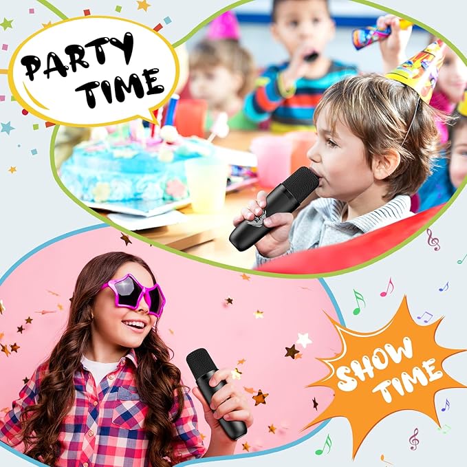 Mini Karaoke Machine with Two Wireless Microphones, Portable Bluetooth Speaker for Adults and Kids, Karaoke Microphone with LED, Speaker Supports for TF Card/USB, AUX in (Black)