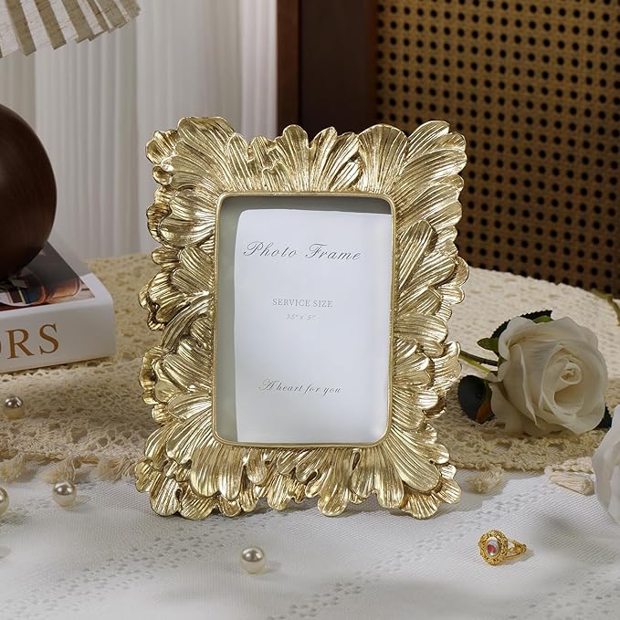 Cuspin 3x5 Picture Frame Small Gold Frames, Vintage Gold Palm Leaves Textured Hand-Crafted Resin with Glass Front, Elegant Retro Photo Frame for Wall and Tabletop Display Home Decor