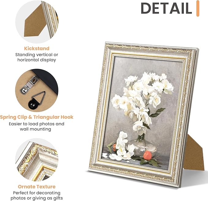 upsimples 8x10 Picture Frame with Real Glass, Ornate Vintage 8 x 10 Photo Frames for Wall Decor or Tabletop Display, White and Gold, 2 Pack